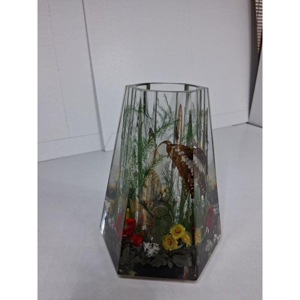 70's Acrylic Vase Real Butterfly Wings Foliage Vintage Lucite Tapered Hexagon